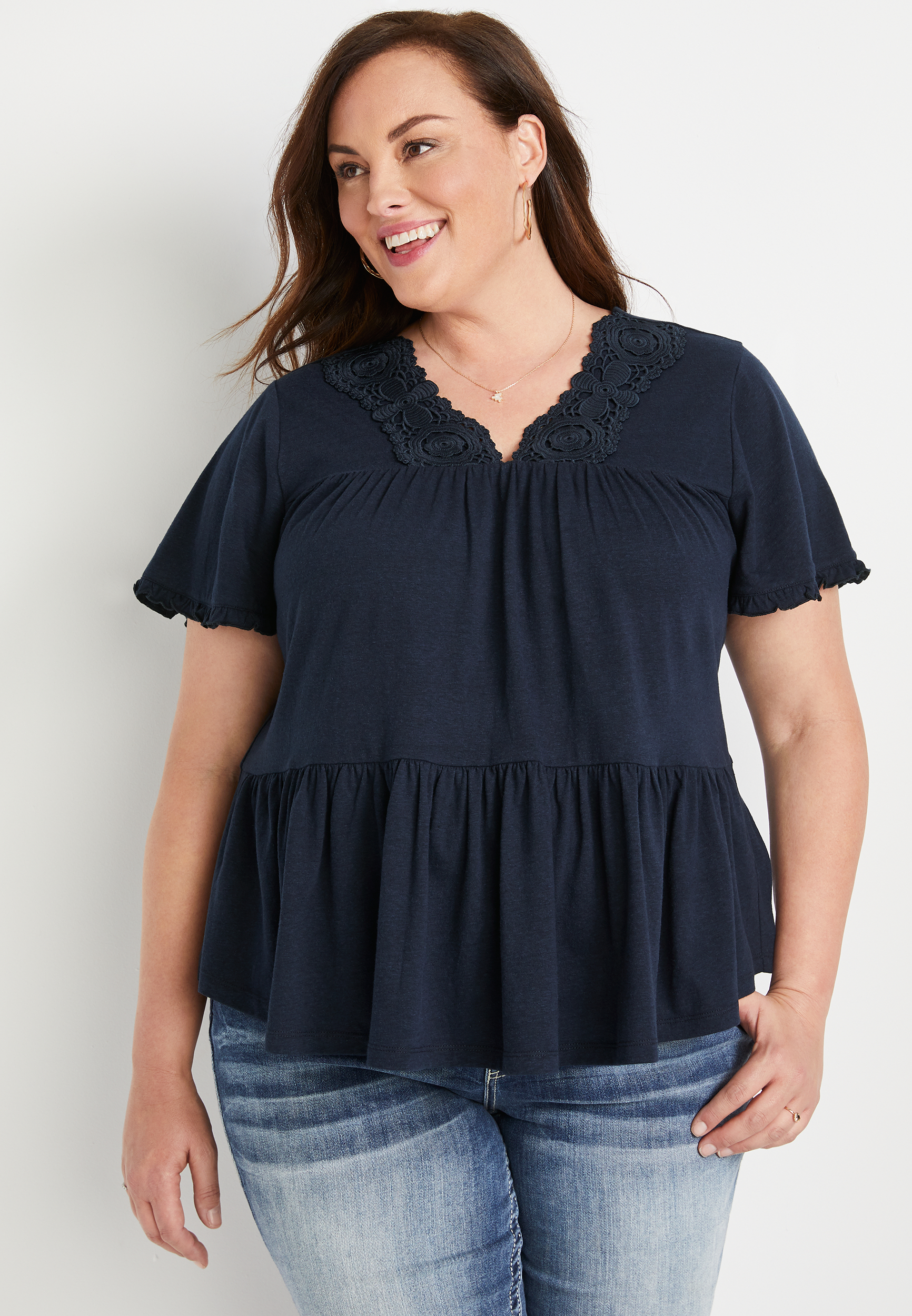 Plus Size Solid Lace Neck Babydoll Top | maurices