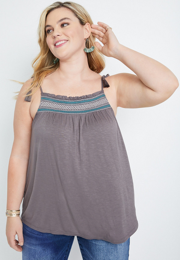 Plus Size Gray Embroidered Tie Strap Tank Top