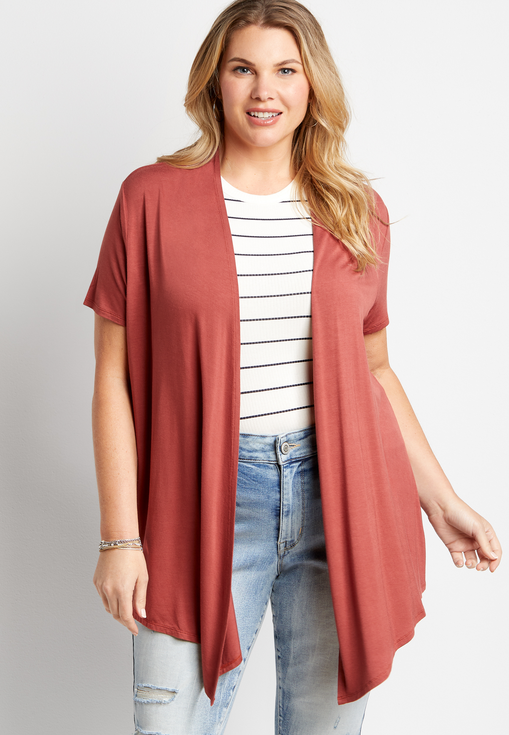 Maurices Plus Size Womens Solid Short Sleeve Open Front Cardigan Red