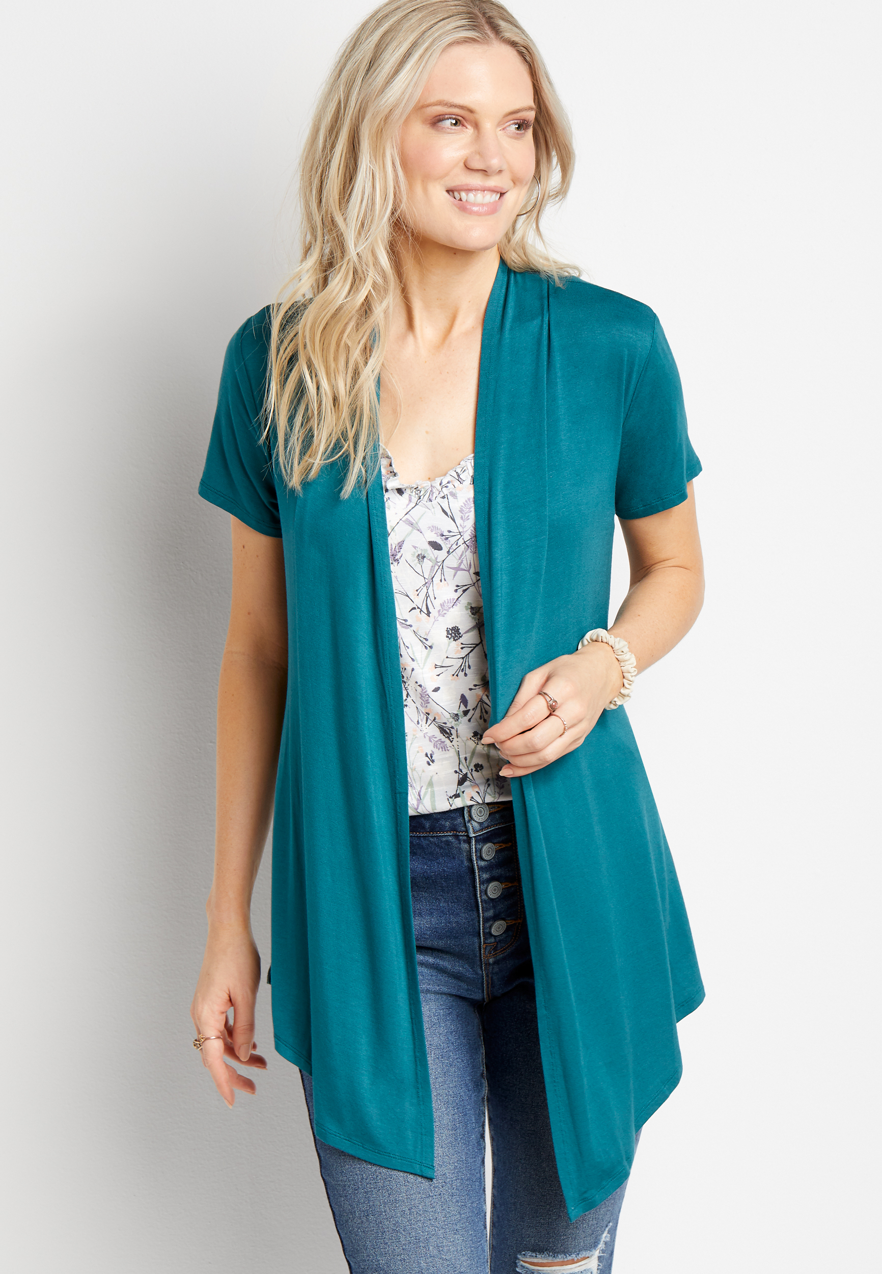 Teal Short Sleeve Open Front Cardigan | maurices