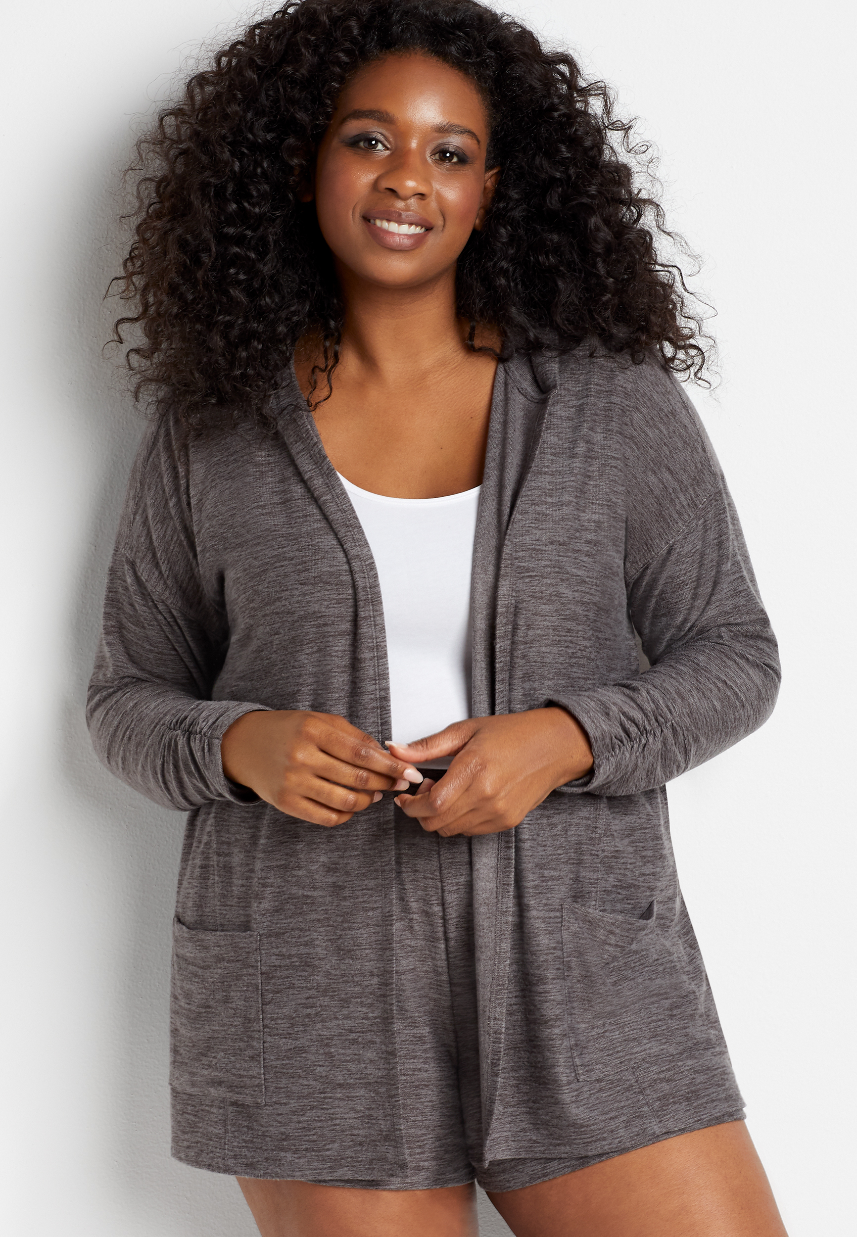Plus Size Gray Hooded Lounge Cardigan | maurices