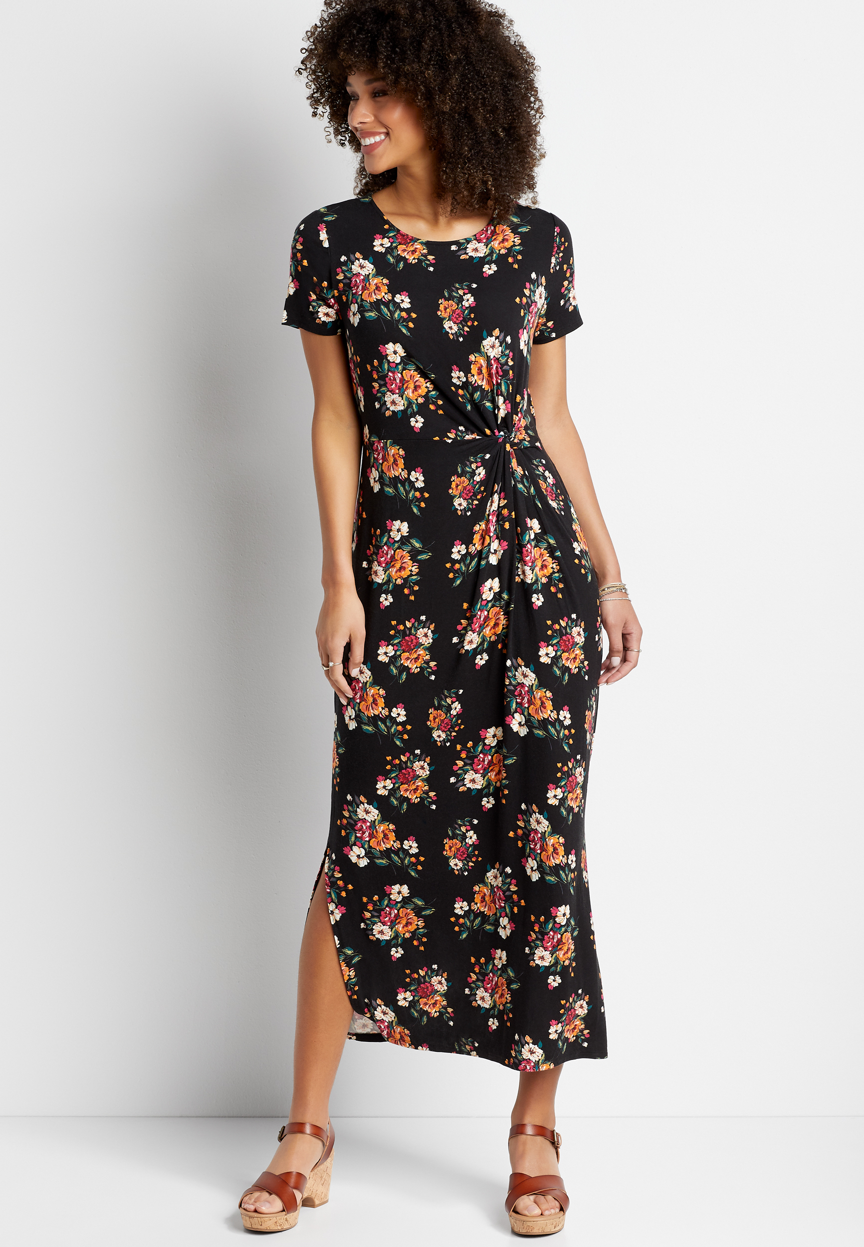 24/7 Black Floral Front Knot Maxi Dress | maurices