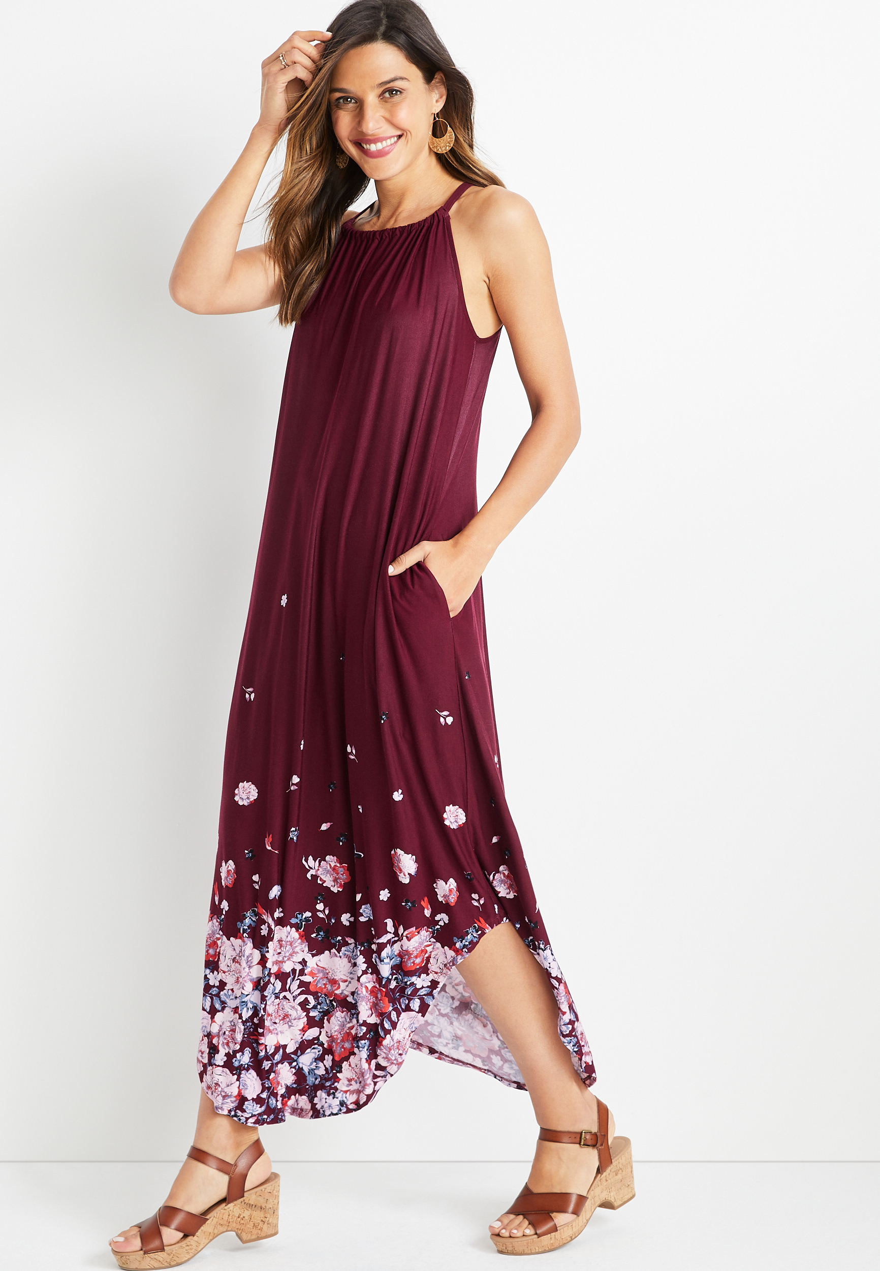 24/7 Red Floral Halter Neck Maxi Dress | maurices