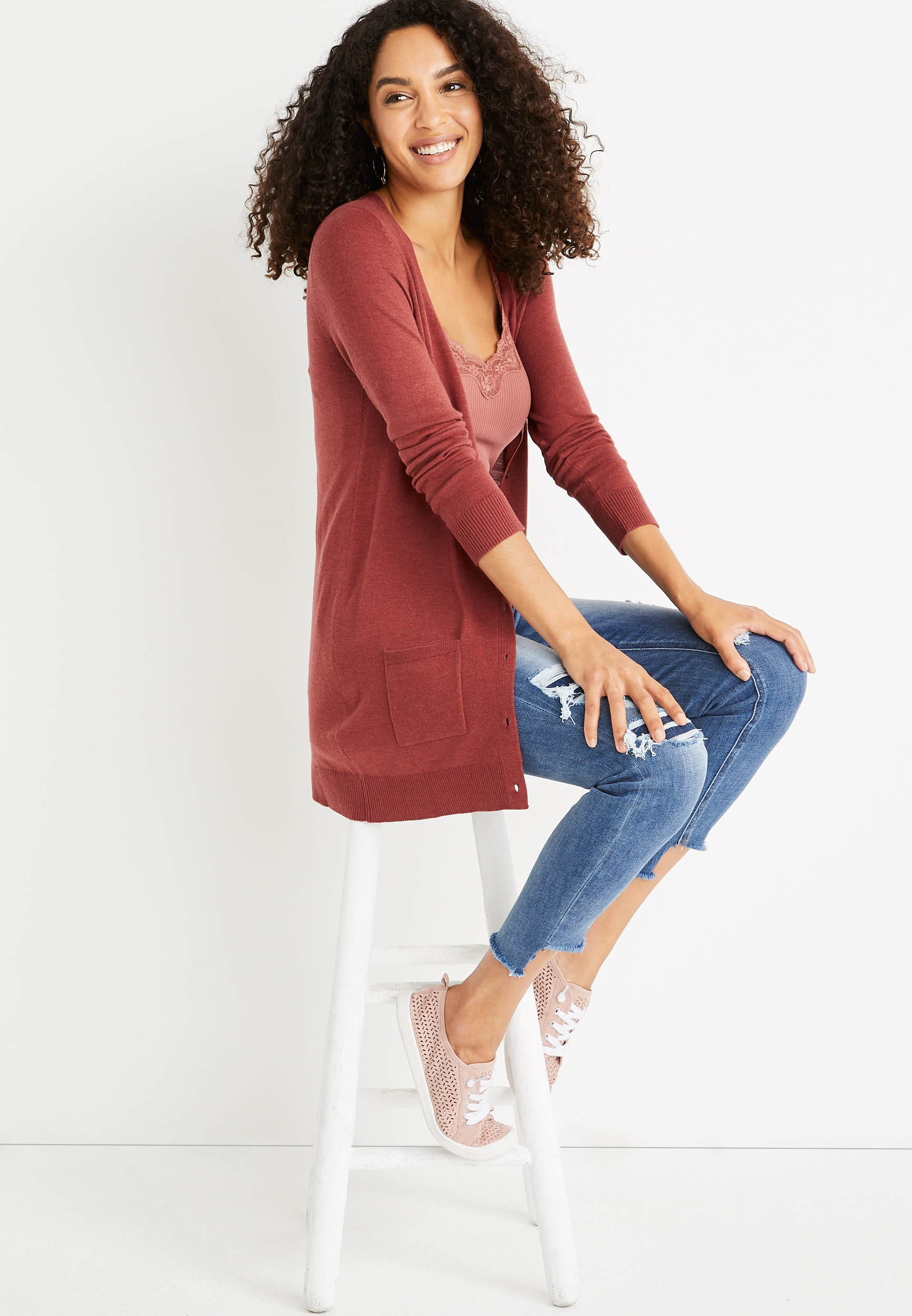 Solid Boyfriend Button Front Cardigan, C5584, large