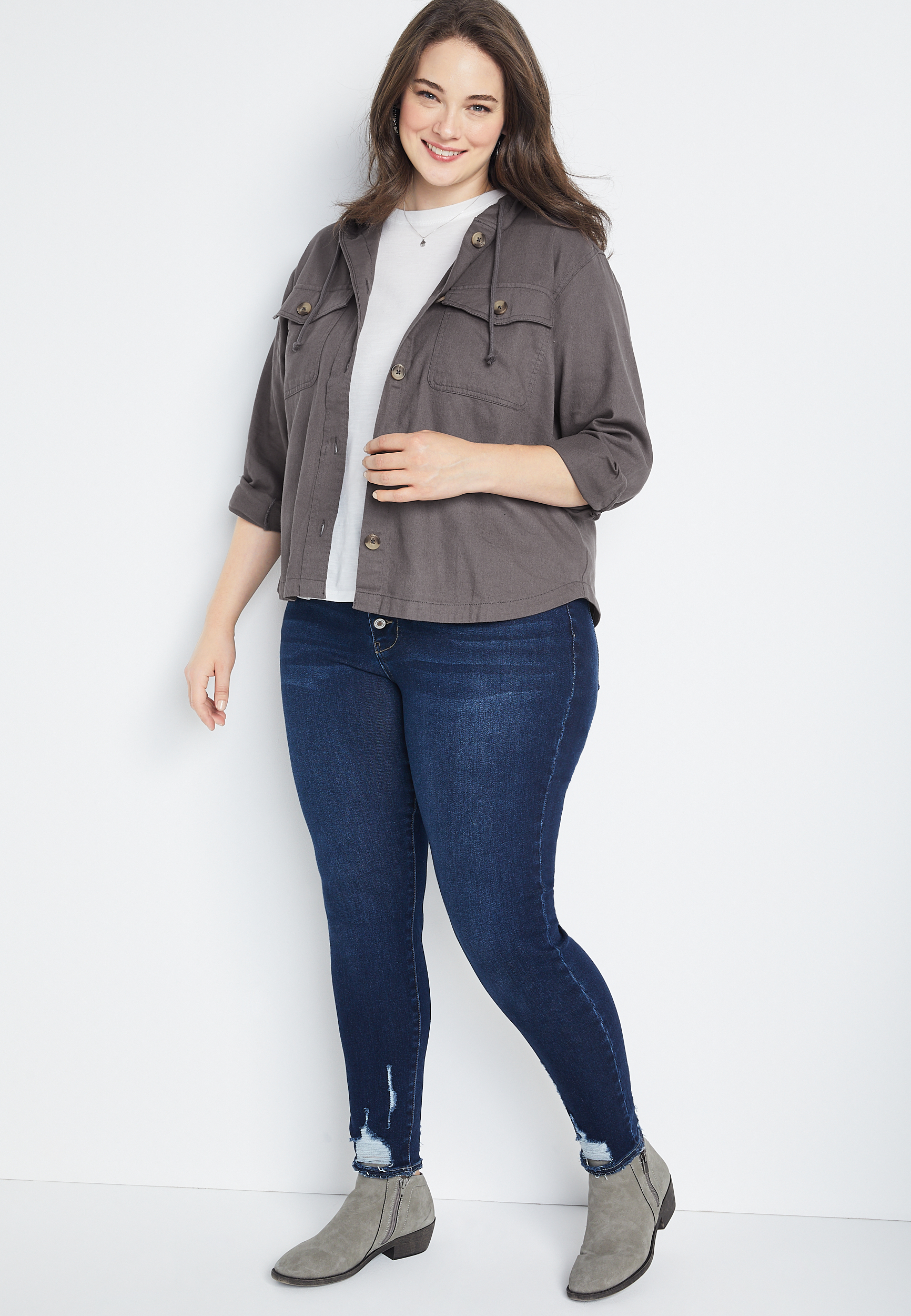 Plus Size Gray Hooded Shacket | maurices