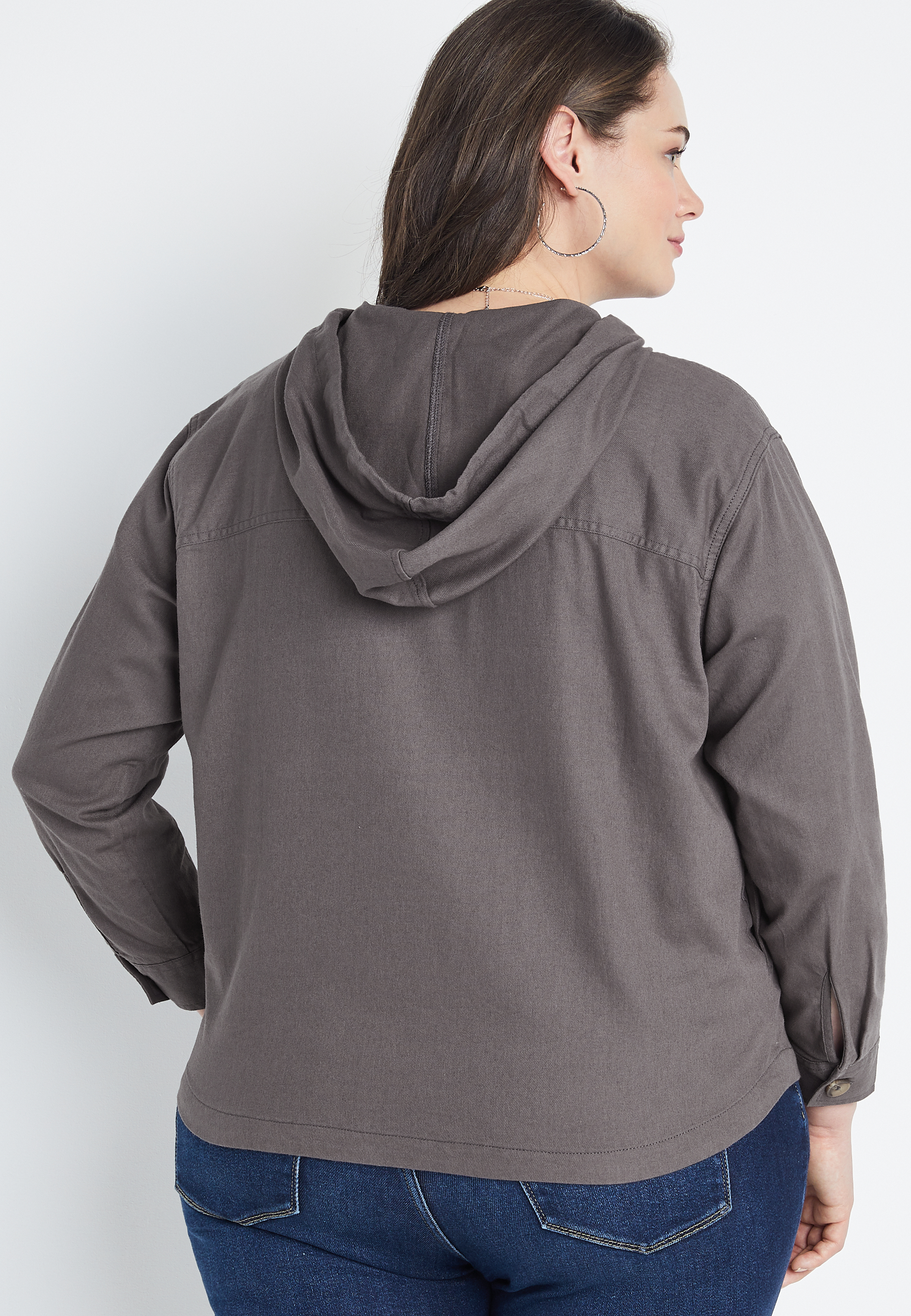 Plus Size Gray Hooded Shacket, , large