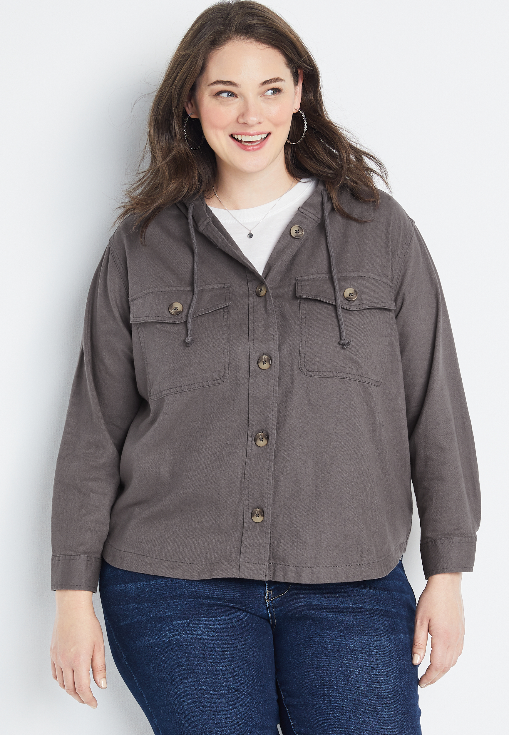 Plus Size Gray Hooded Shacket, , large