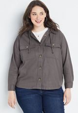 Plus Size Gray Hooded Shacket, , small