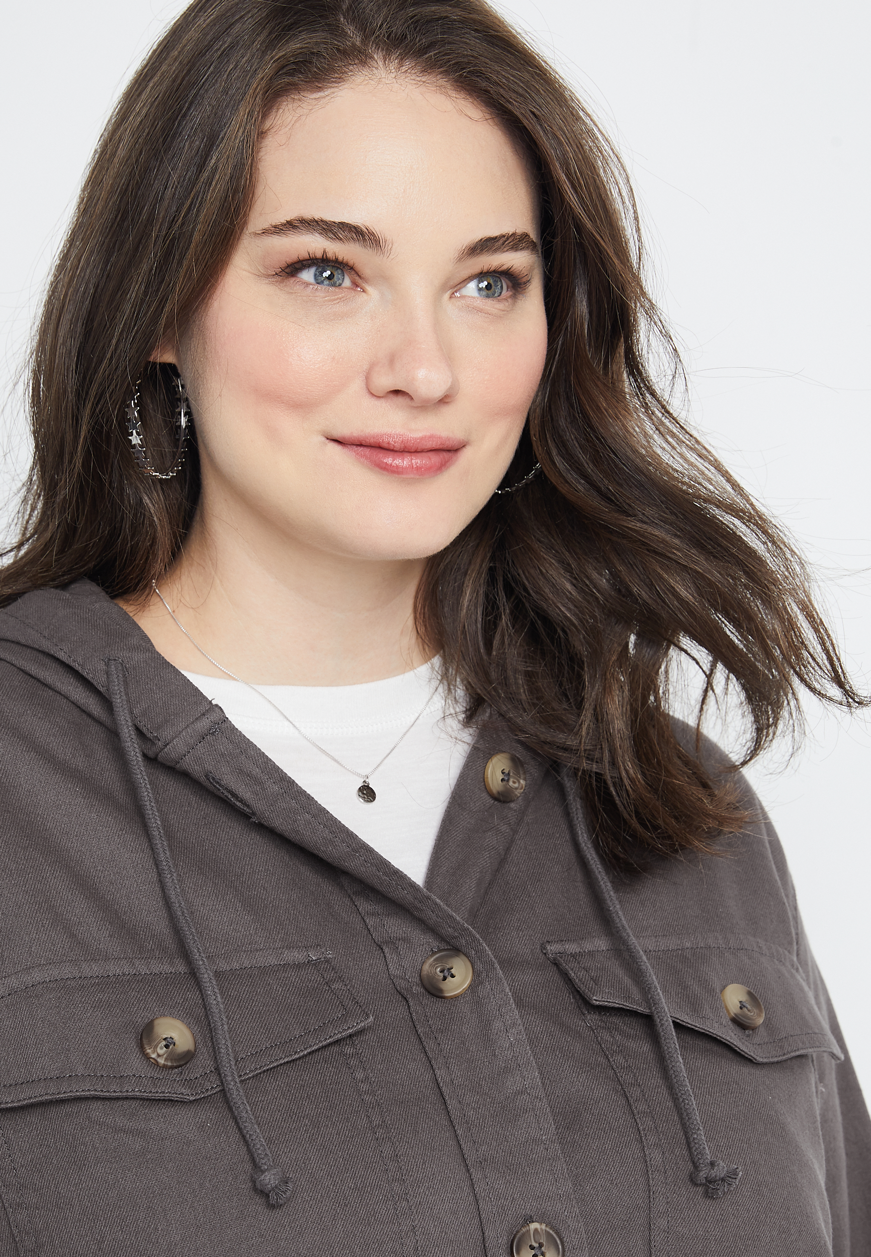 Plus Size Gray Hooded Shacket, , large
