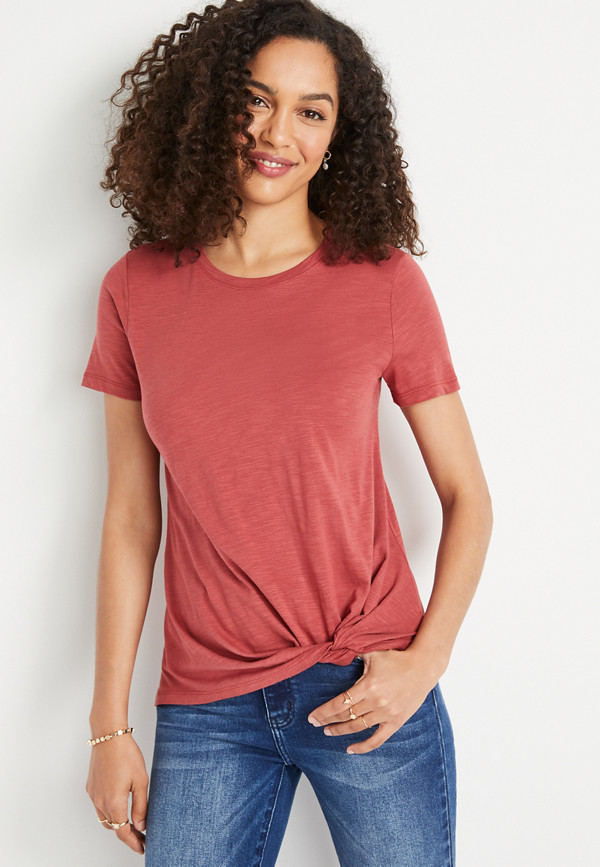 24/7 Red Front Knot Short Sleeve Top | maurices