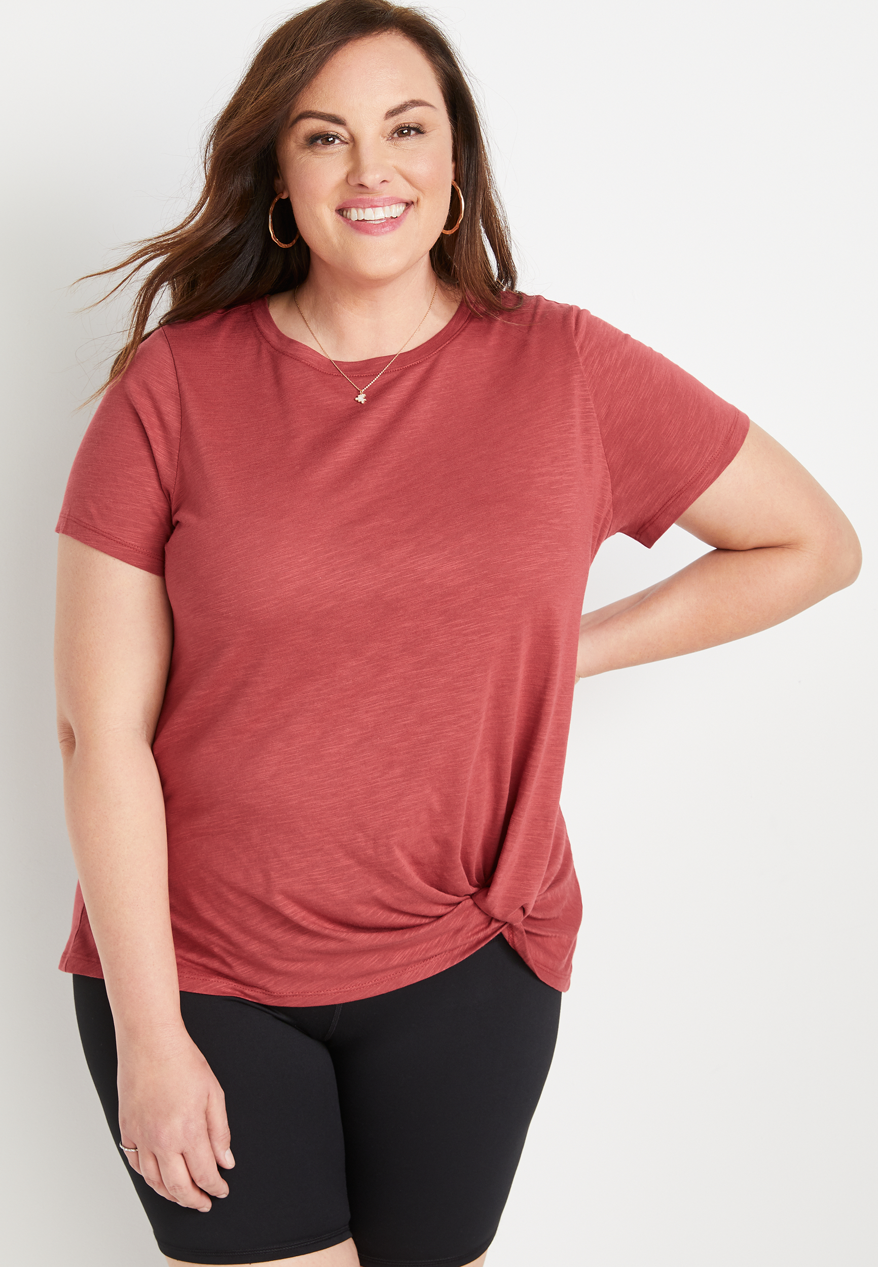 Plus Size Red Front Knot Short Sleeve Top | maurices