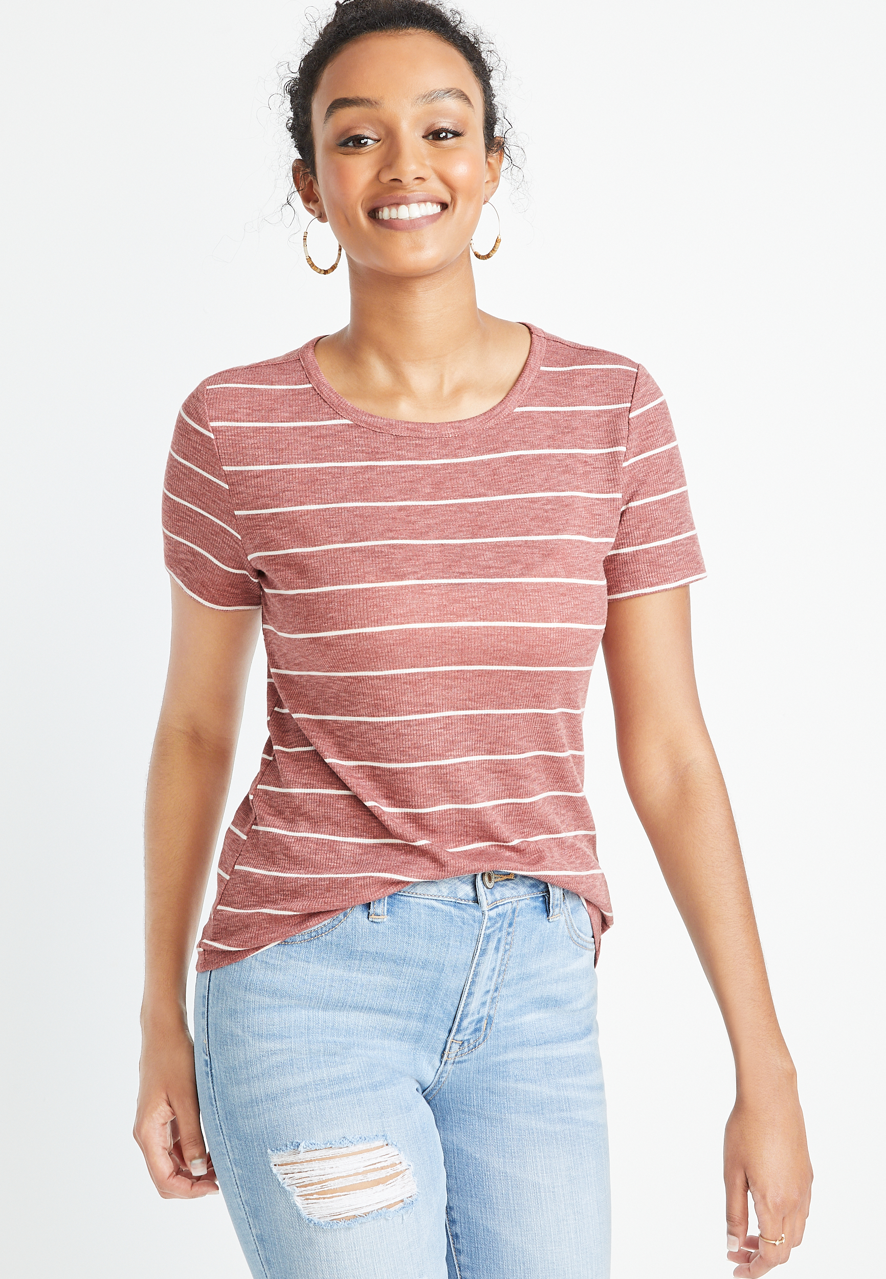 24/7 Red Striped Rib Knit Tuck In Tee | maurices