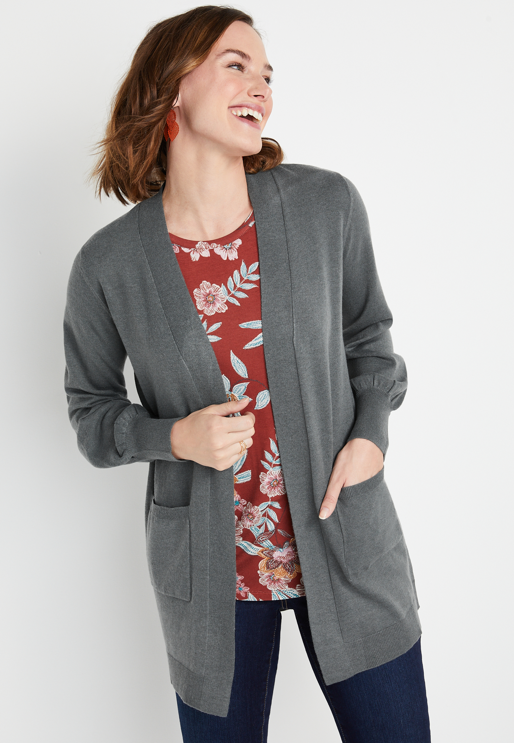 Solid Blouson Sleeve Front Pocket Cardigan | maurices