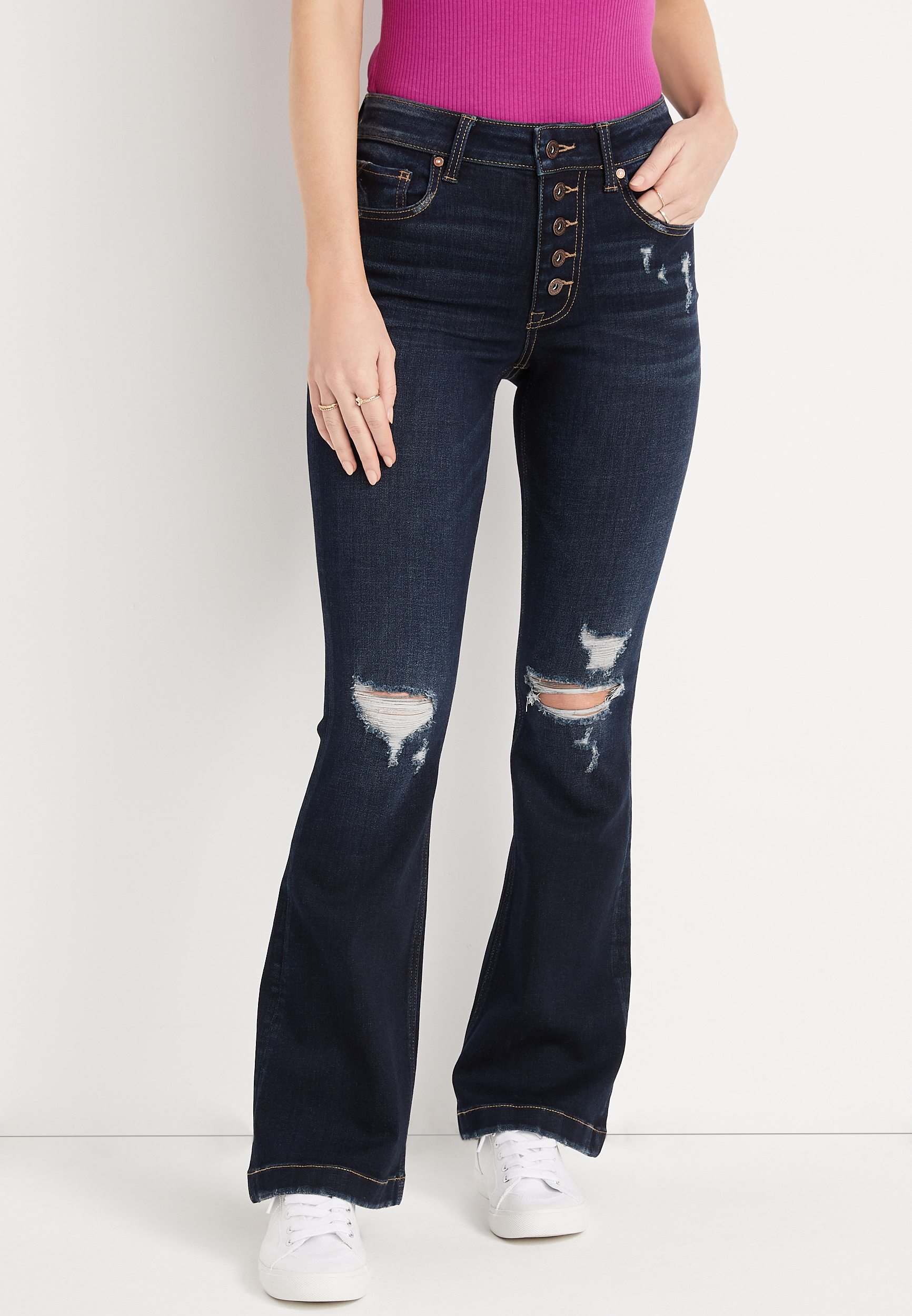 Pre-Order Button Fly Ripped Flared Jeans – Worn & Refined