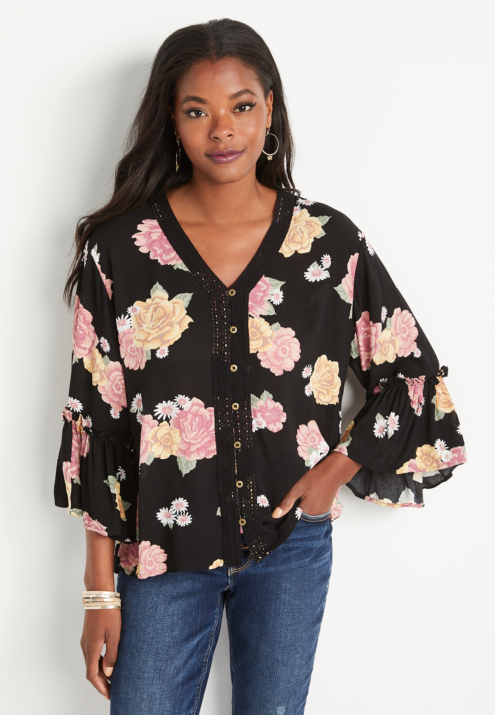Black Floral Bell Sleeve Top | maurices