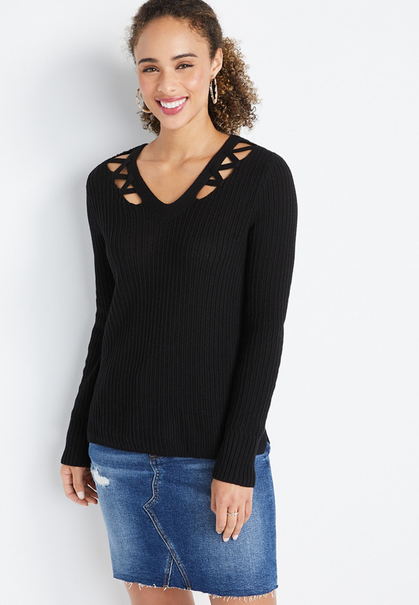 Black Strappy V Neck Sweater | maurices