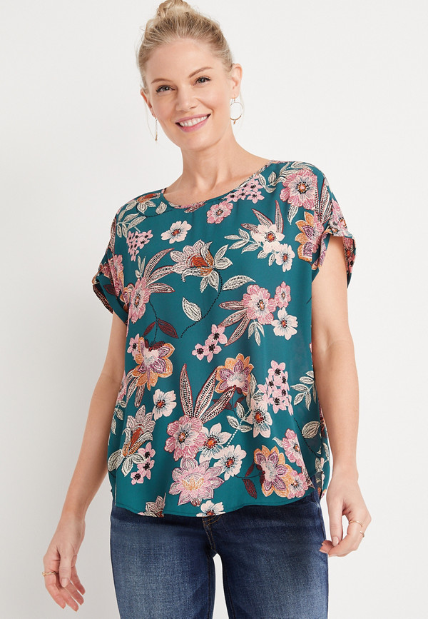 Teal Floral Zipper Back Blouse | maurices