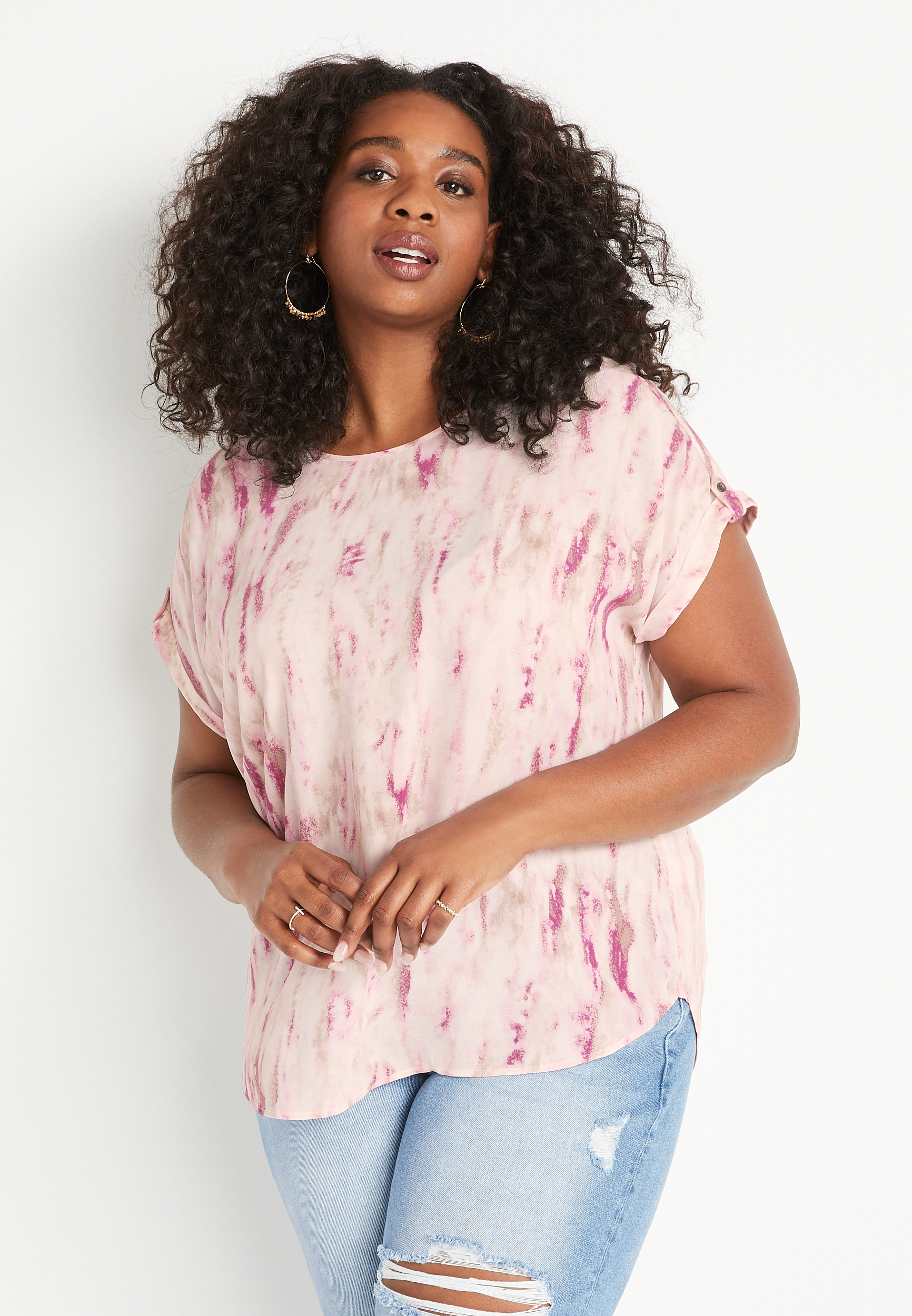 Plus Size Pink Tie Dye Zipper Back Blouse | maurices