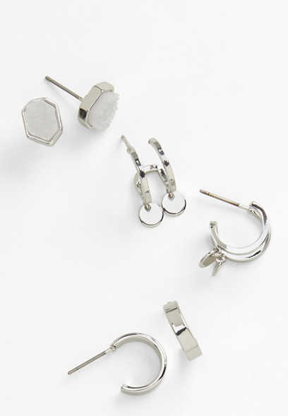 3 Pack Silver Huggie Hoop Earring Set