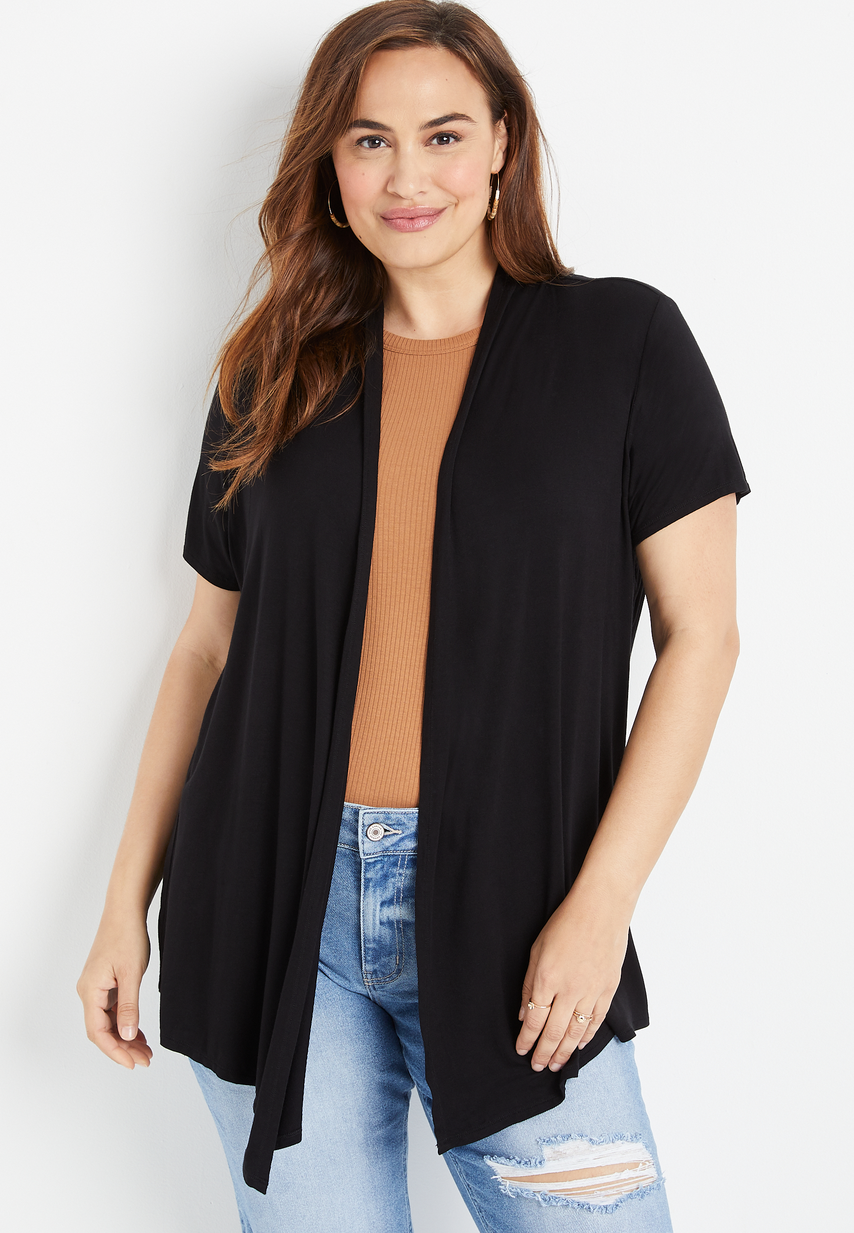 Maurices Plus Size Womens Black Short Sleeve Open Front Cardigan