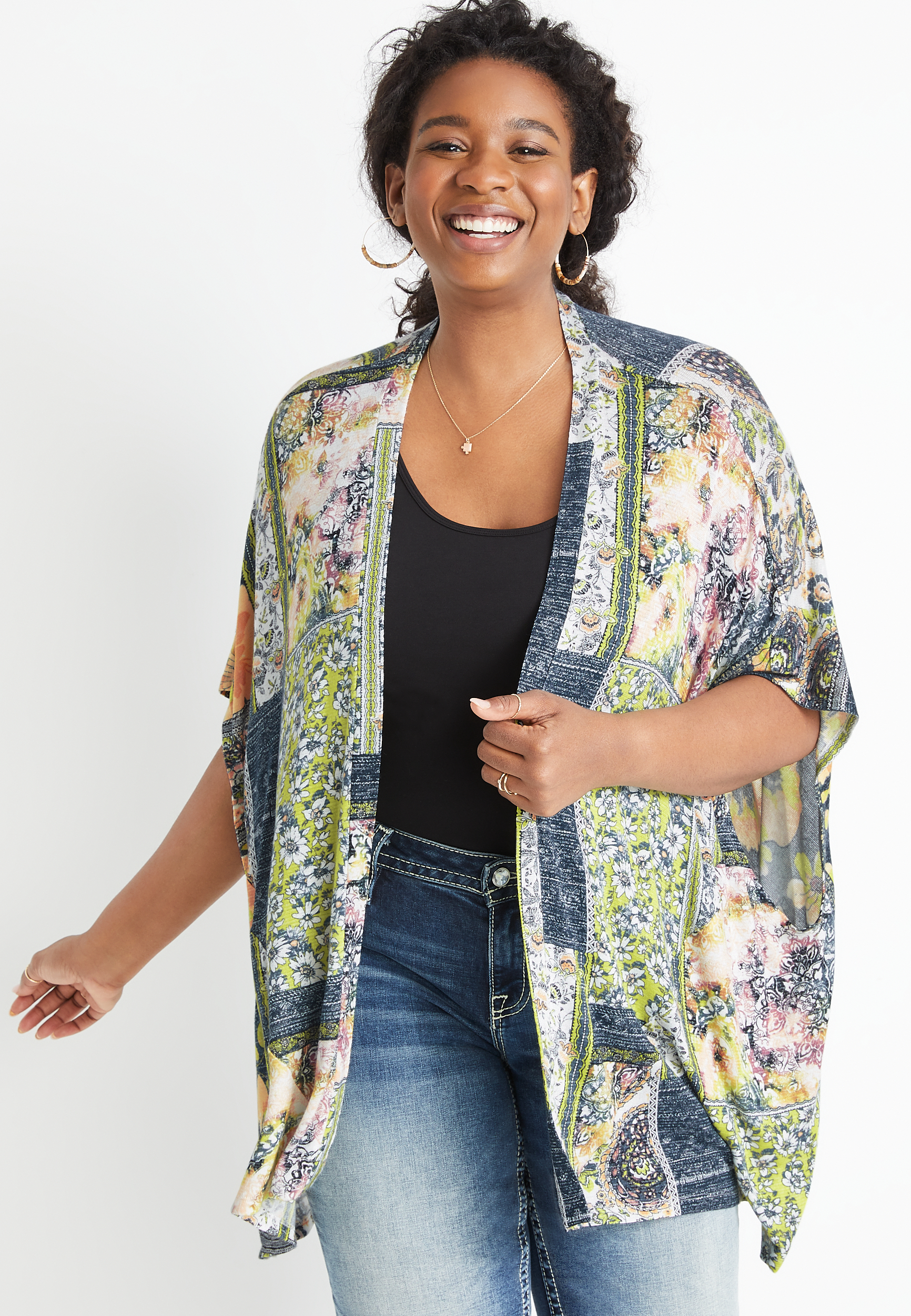 Gray Patchwork Floral Kimono | maurices