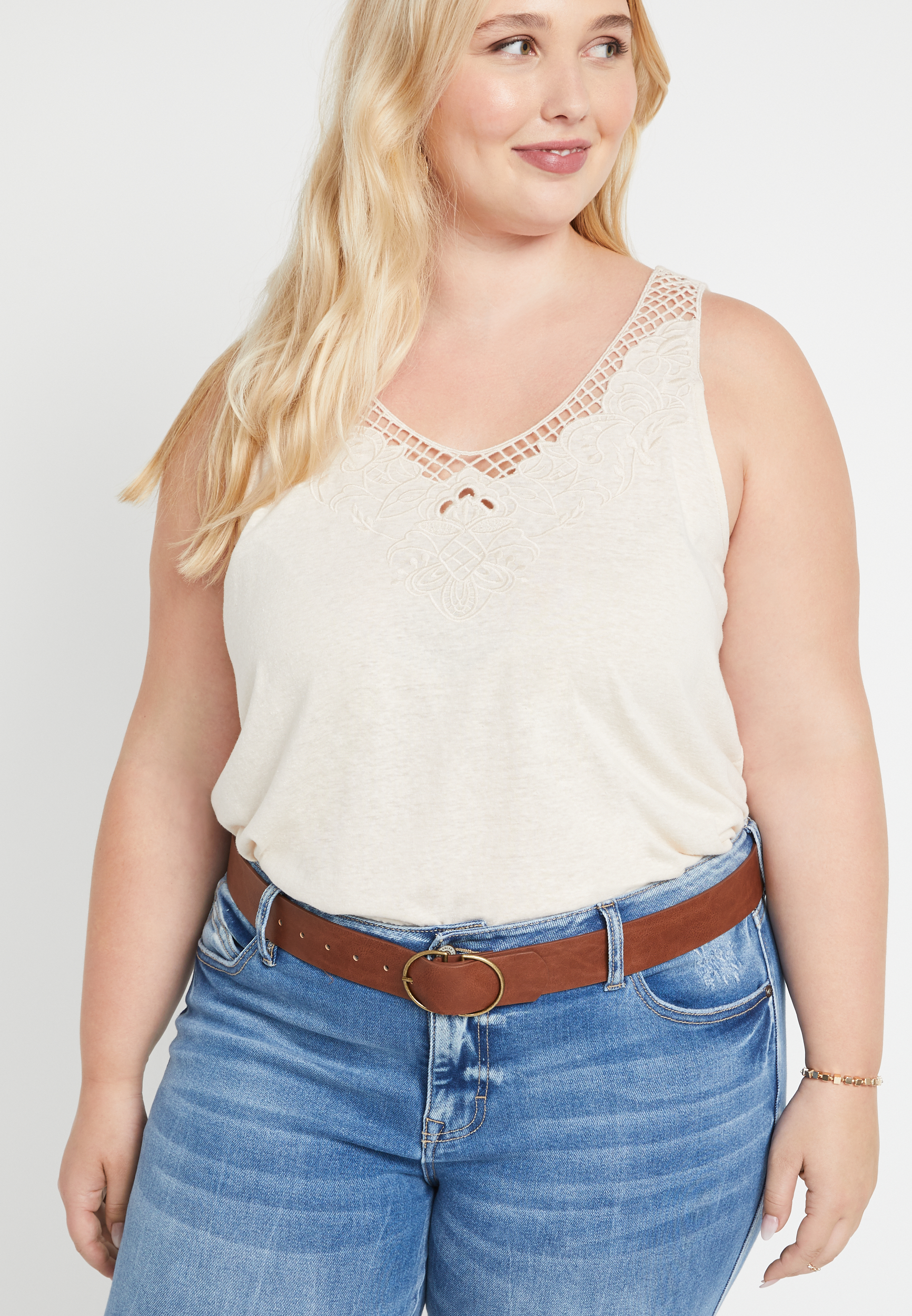 Plus Size Brown Double Buckle Ring Belt, COGNAC, large