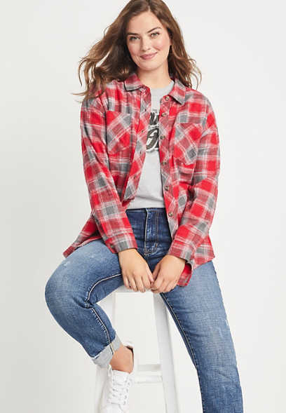 Red Plaid Oversized Button Down Shirt