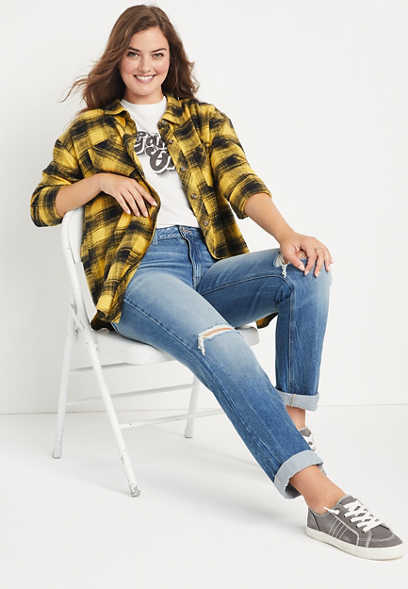 Yellow Plaid Oversized Flannel Button Down Shirt
