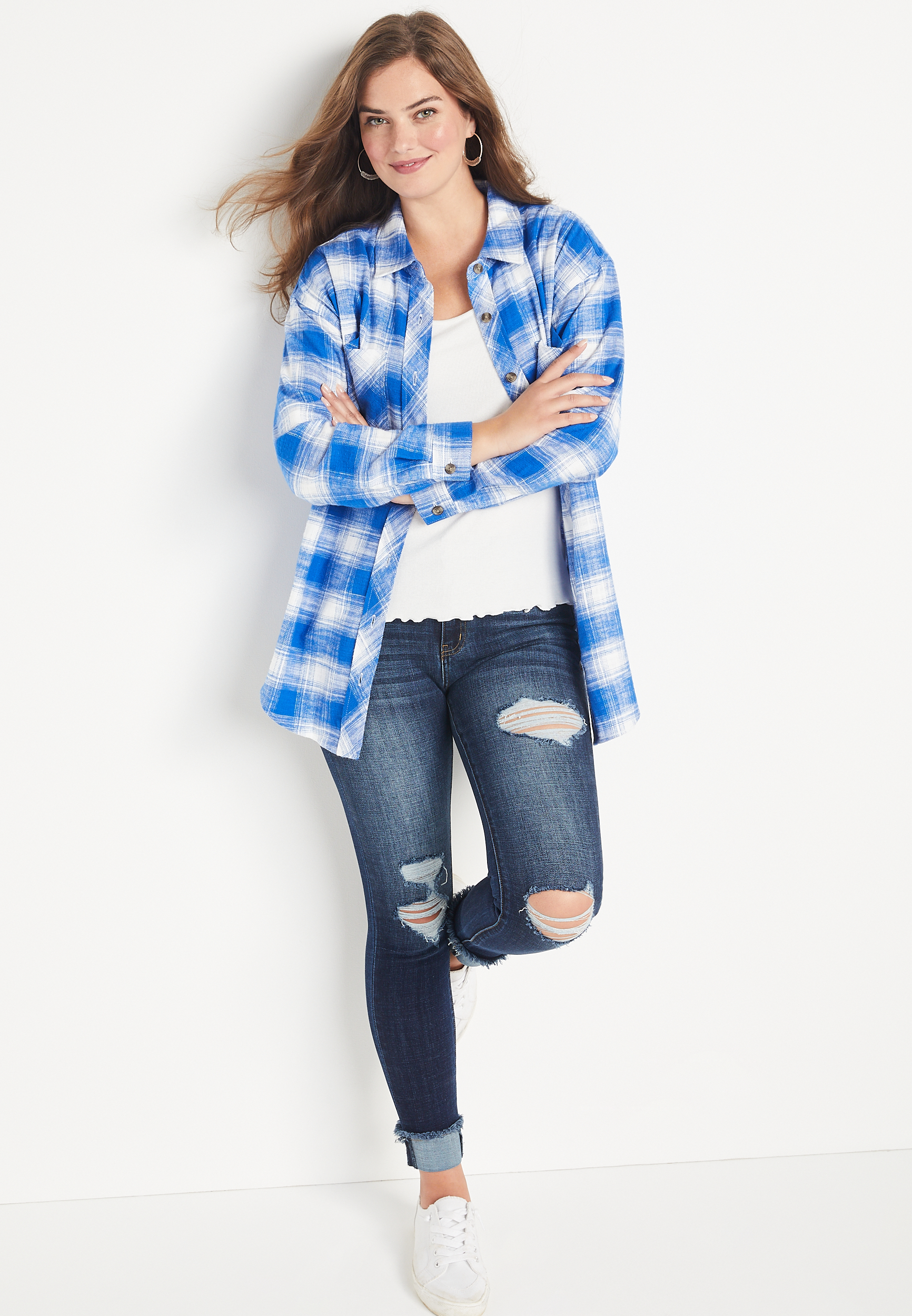 Blue Plaid Oversized Flannel Button Down Shirt | maurices
