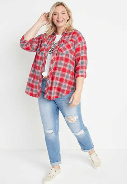 Plus Size Red Plaid Oversized Button Down Shirt