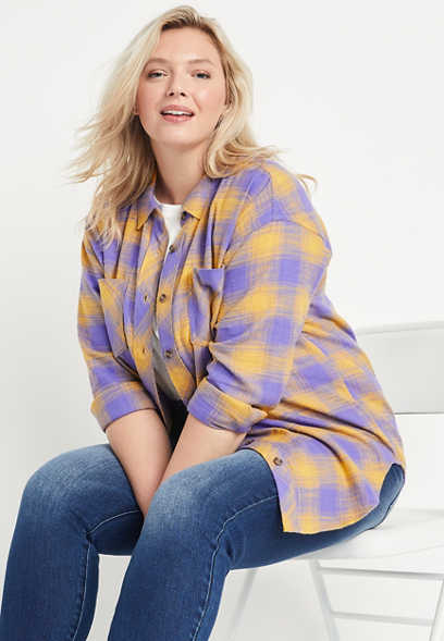 Plus Size Purple and Gold Plaid Oversized Button Down Shirt