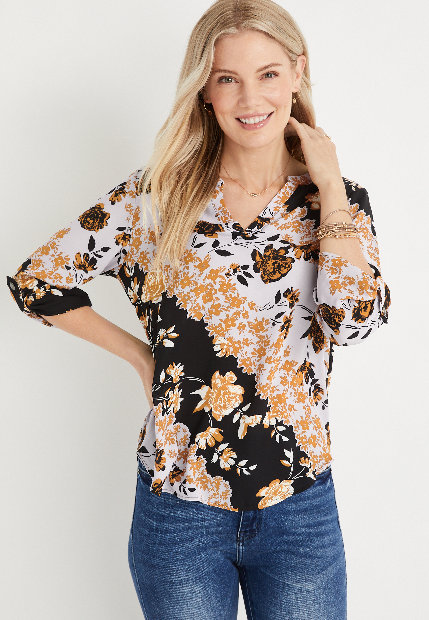 Atwood Black Floral Popover Blouse | maurices