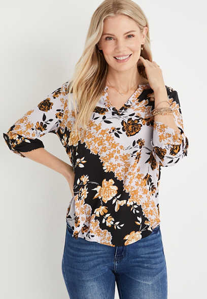 Atwood Black Floral Popover Blouse