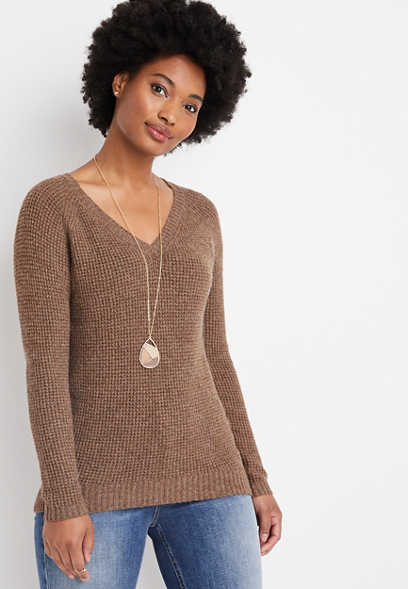 Solid Waffle Knit V Neck Sweater