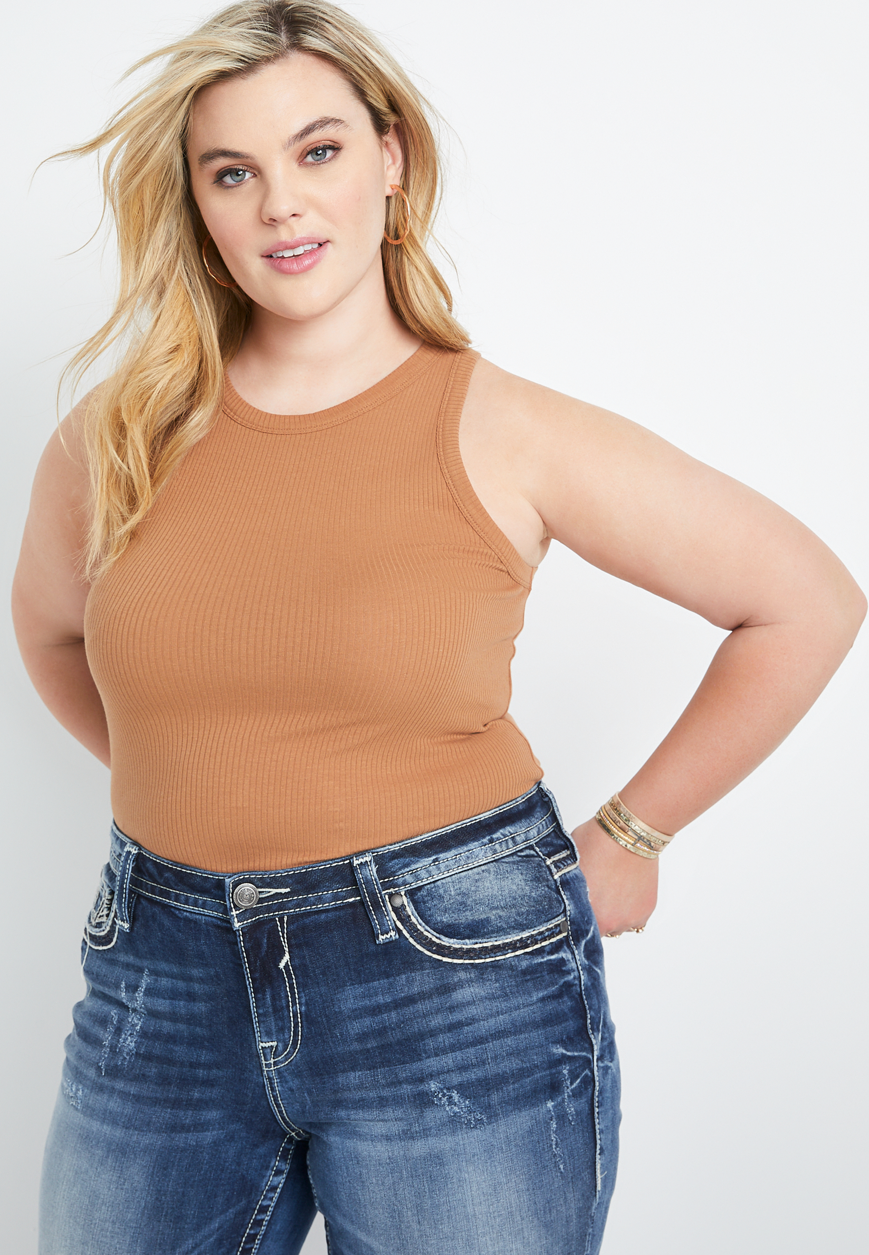 Plus Size Ribbed Tank Tops
 Plus Size Tan High Neck Fitted Ribbed Tank Top