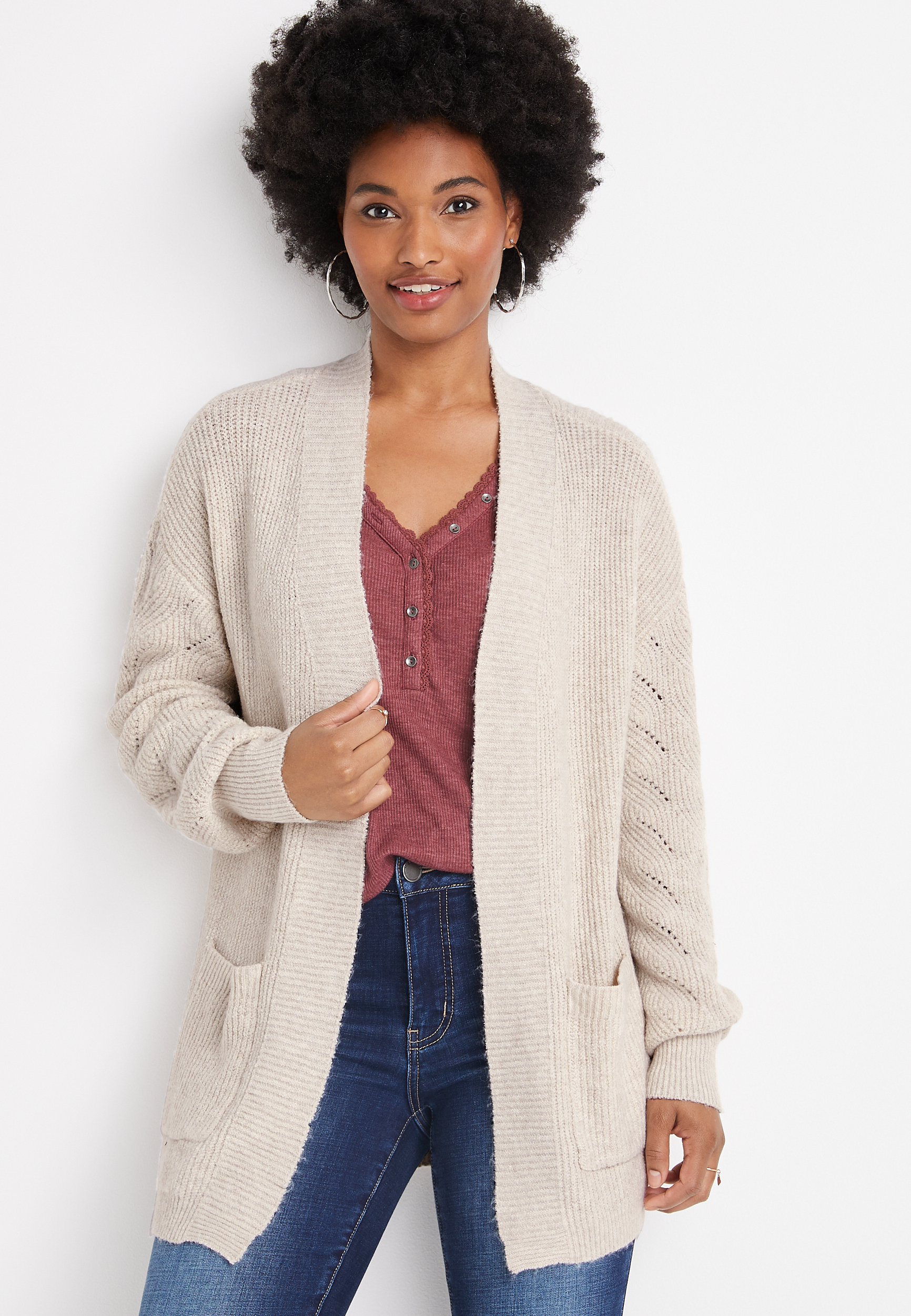 Cable Stitch Open Front Cardigan | maurices