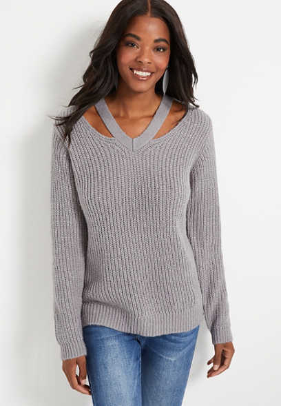 Gray V Neck Cut Out Sweater