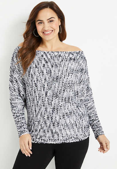 Plus Size Gray Metallic Off The Shoulder Sweater