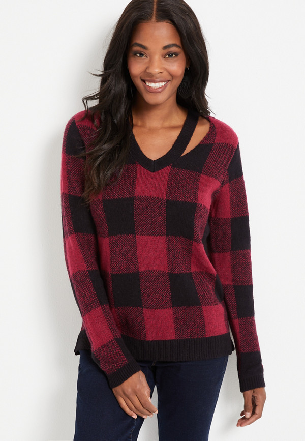 Red Buffalo Plaid Cut Out Neck Sweater | maurices