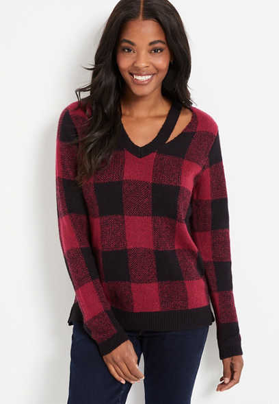 Red Buffalo Plaid Cut Out Neck Sweater