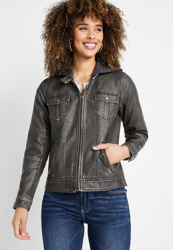 Black Hooded Faux Leather Zip Up Jacket | maurices
