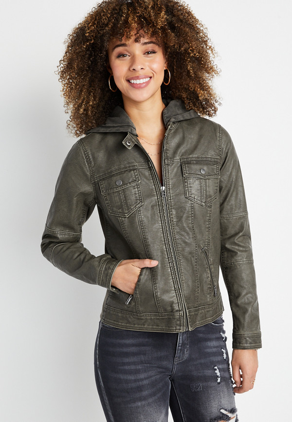 Gray Hooded Faux Leather Zip Up Jacket | maurices