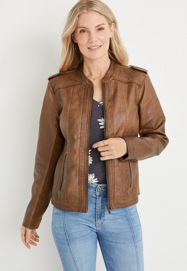 Brown Faux Leather Zip Up Jacket | maurices