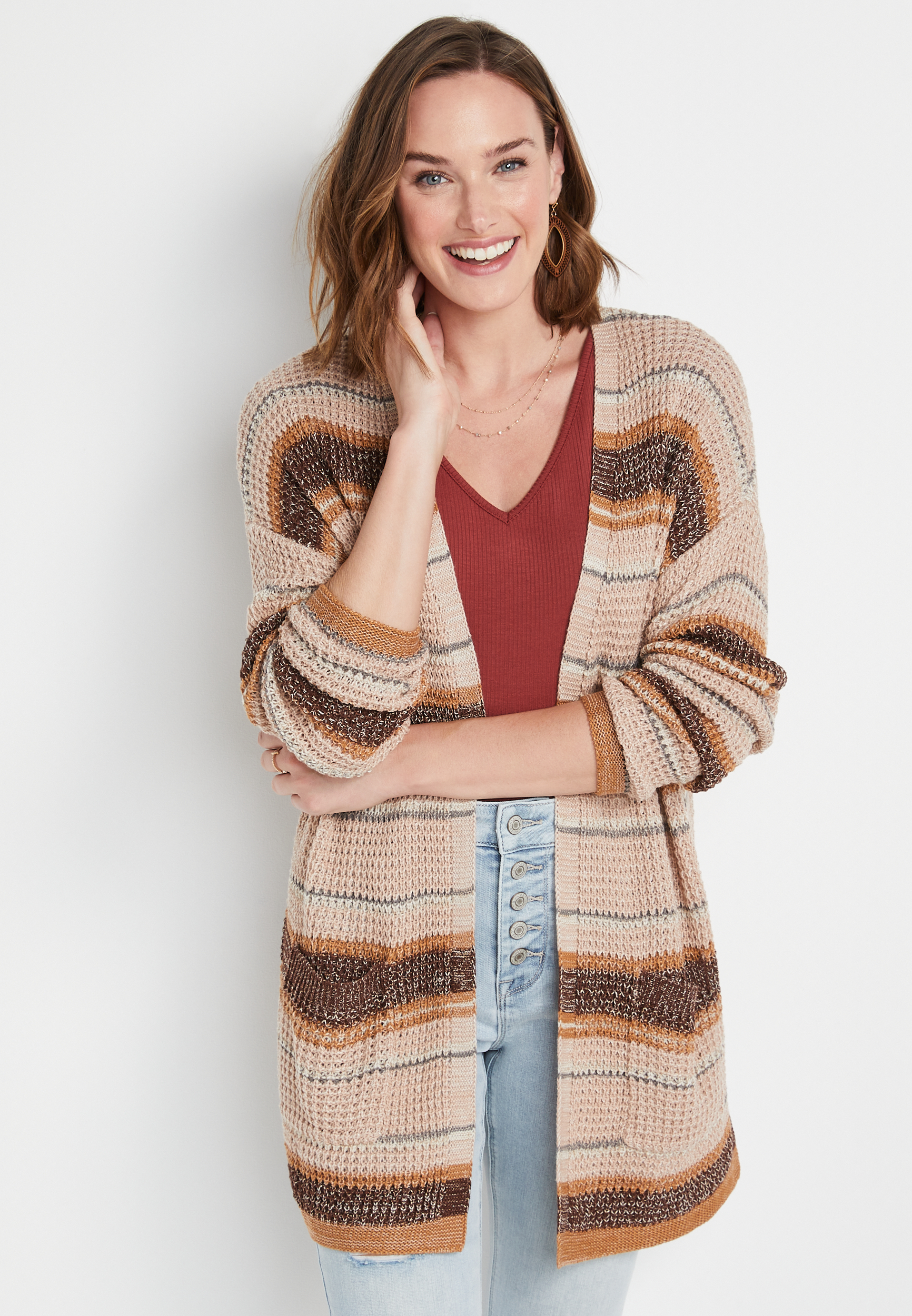 Brown Stripe Waffle Knit Cardigan | maurices