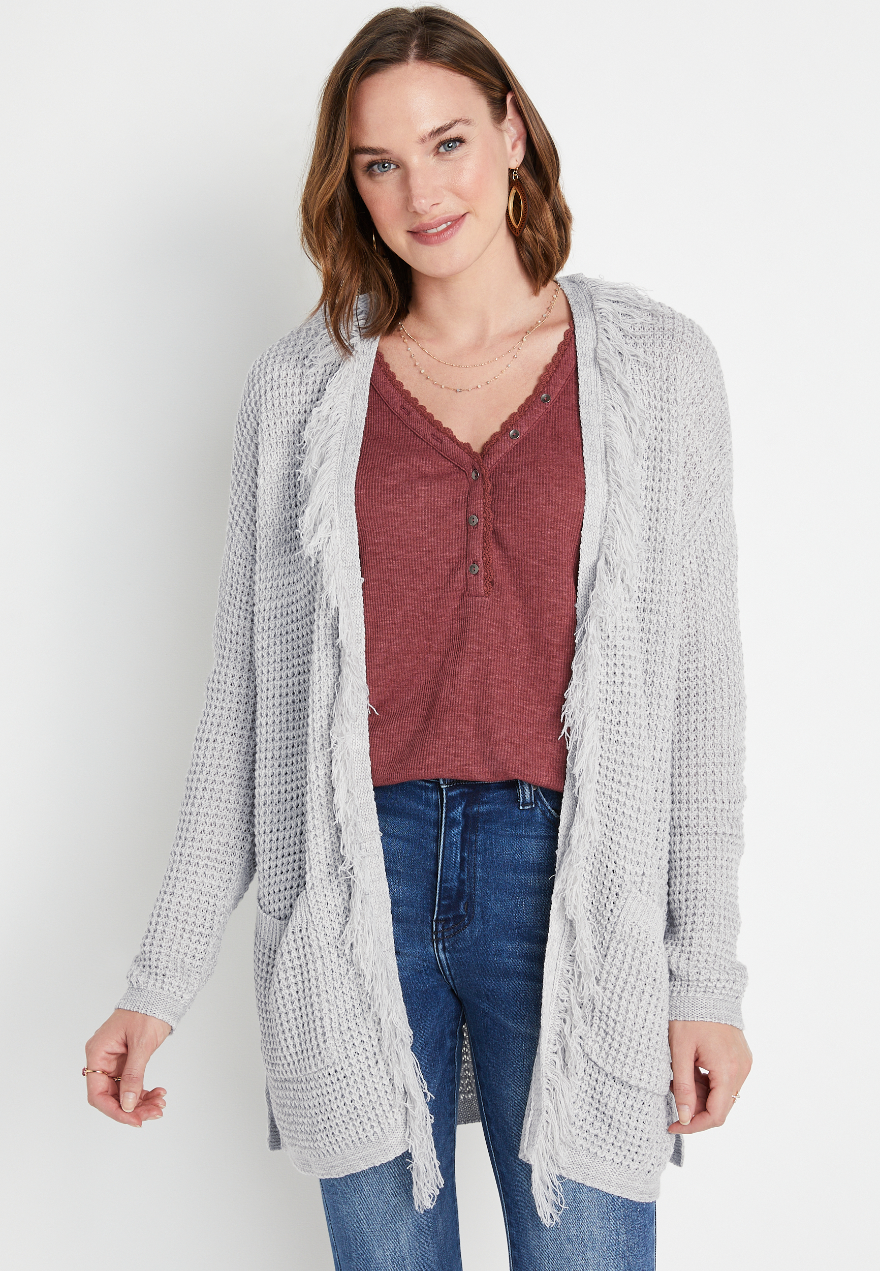 Gray Fringe Pocket Cardigan | maurices