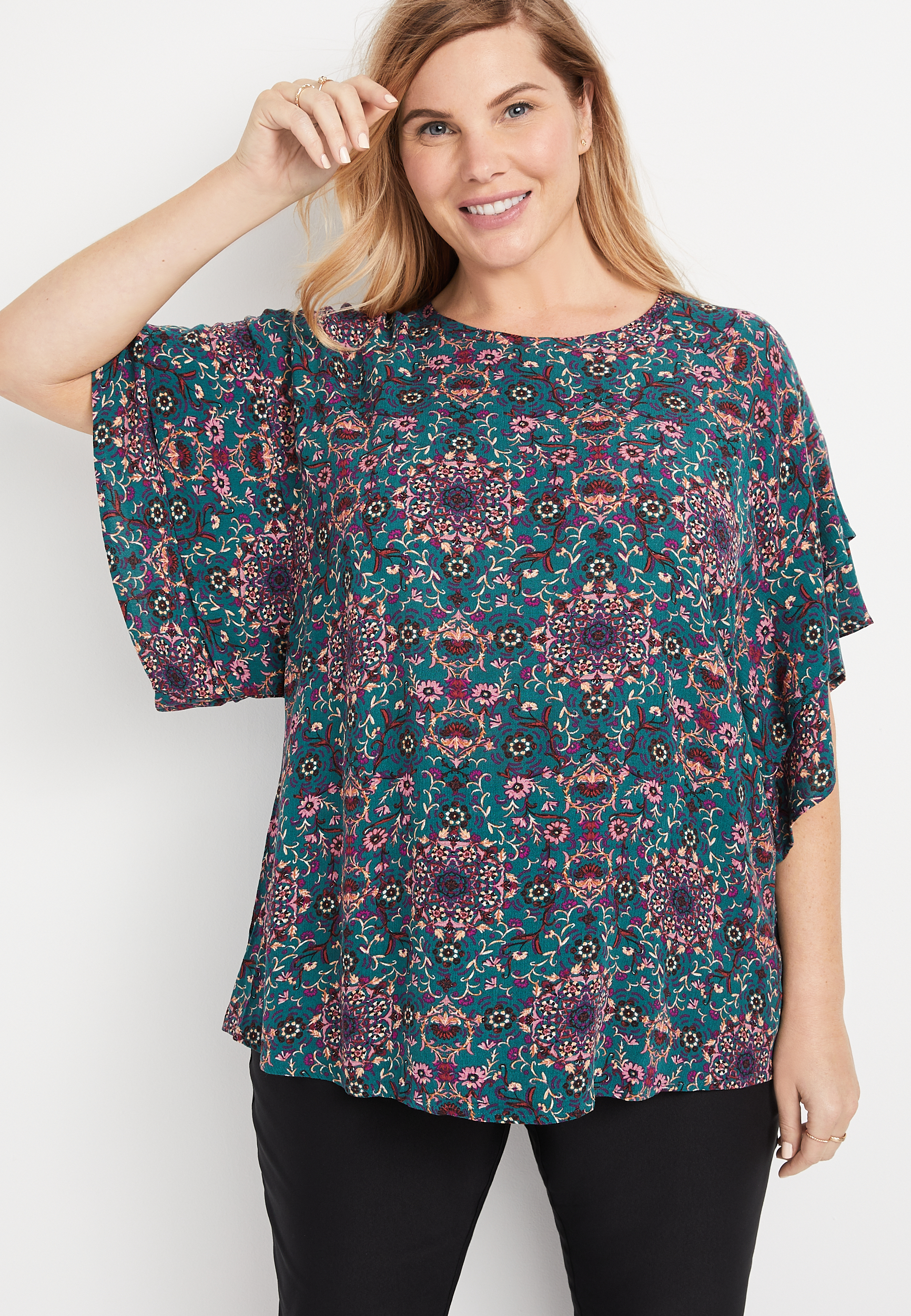Plus Size Teal Floral Flutter Sleeve Top | maurices