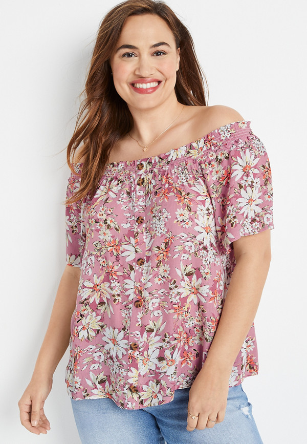 Plus Size Pink Floral Off the Shoulder Button Front Top | maurices