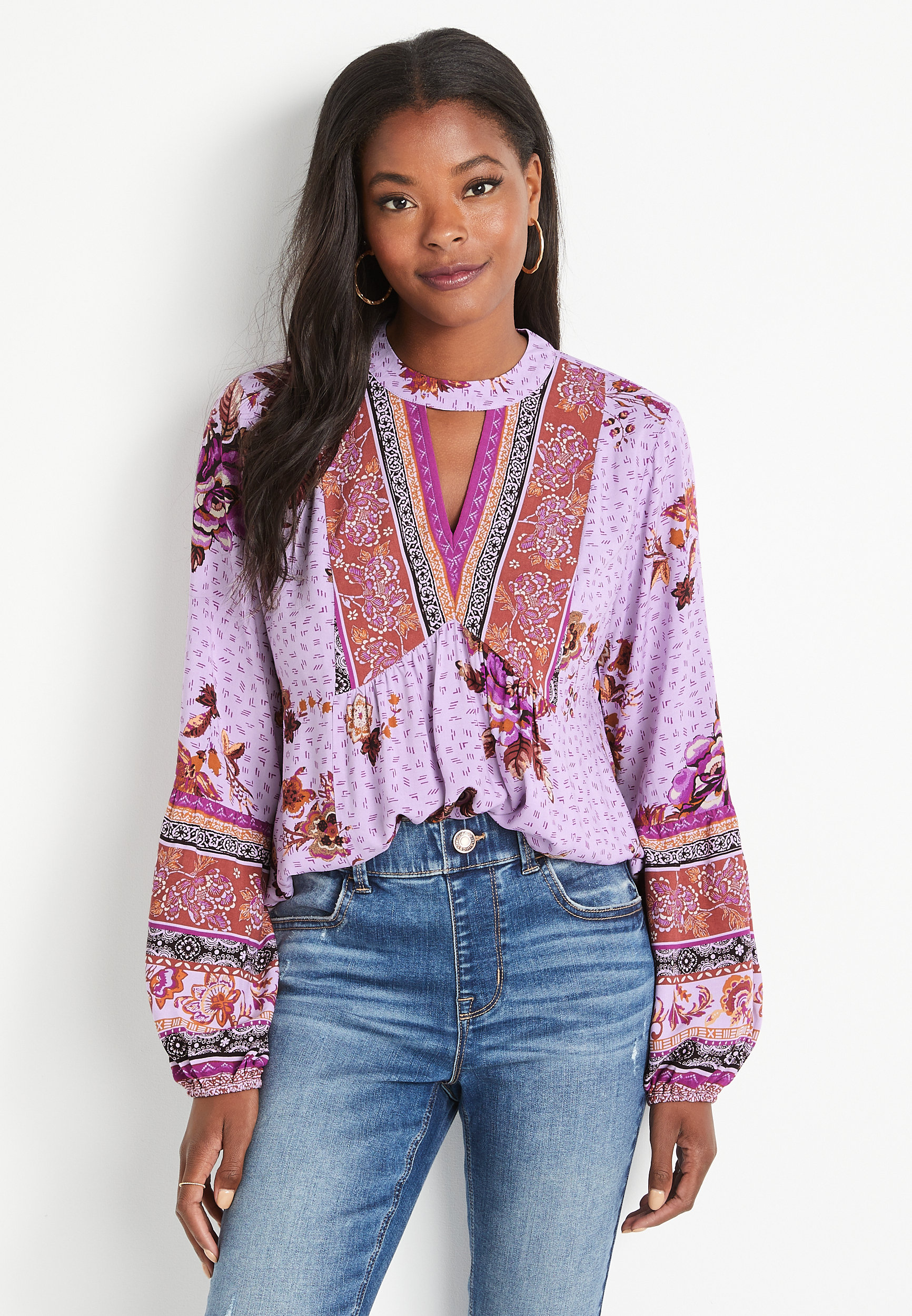 Purple Floral Long Sleeve Blouse | maurices