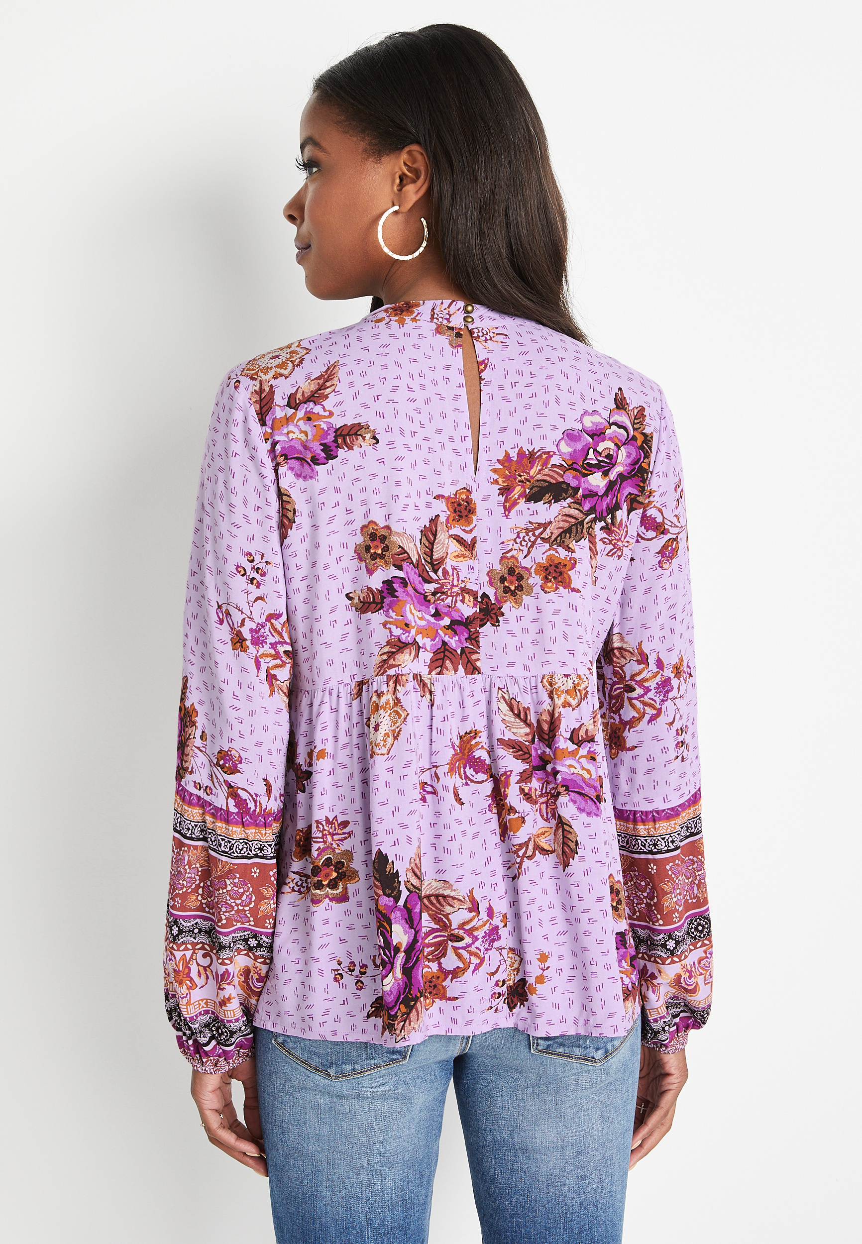 Purple Floral Long Sleeve Blouse, MULTI, large