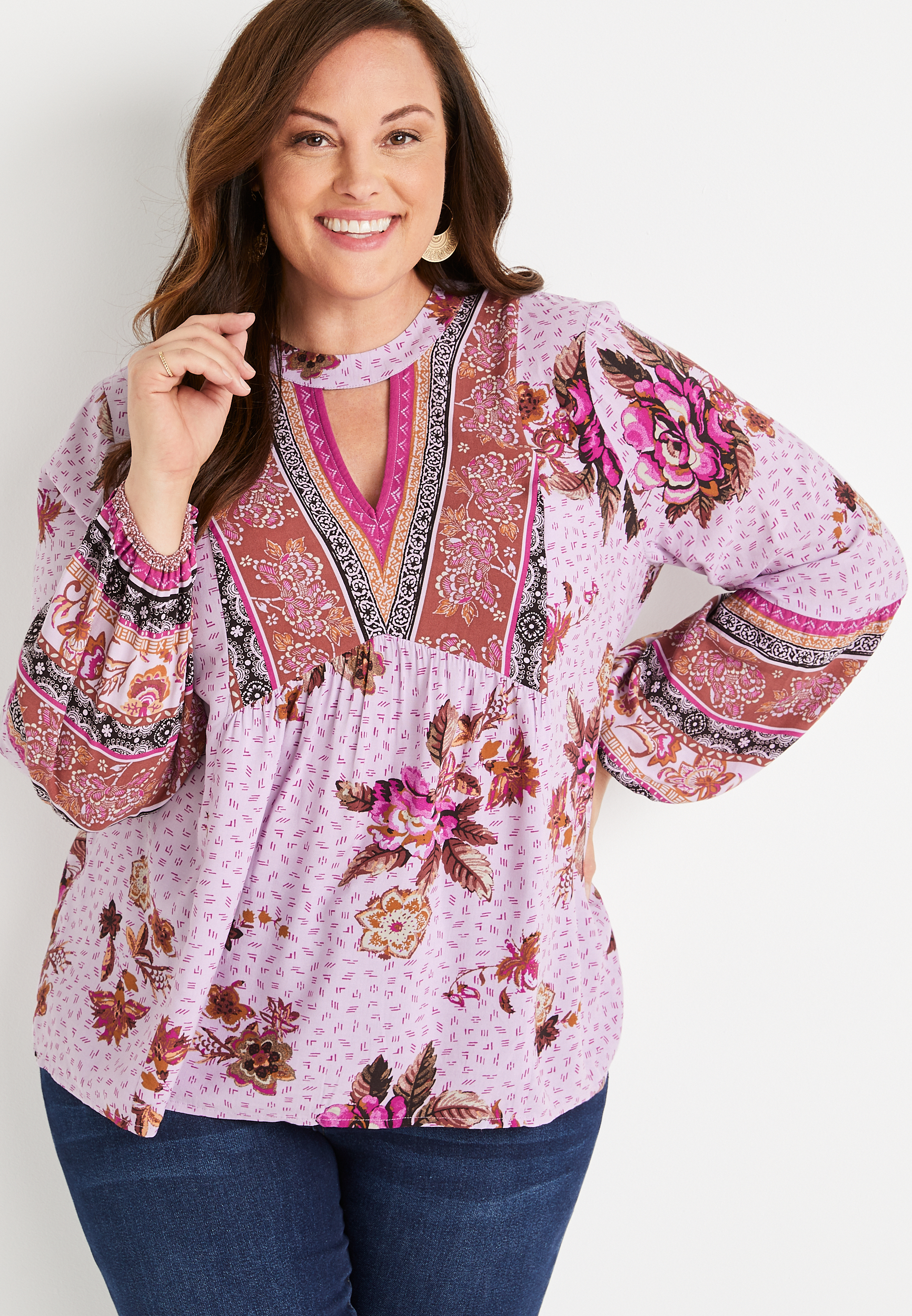 Plus Size Purple Floral Long Sleeve Blouse | maurices